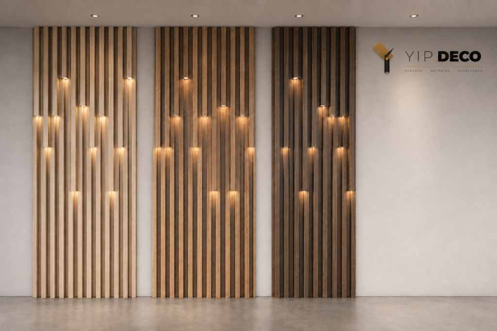 Fluted wall panel with matching mouldings in warm wood tone