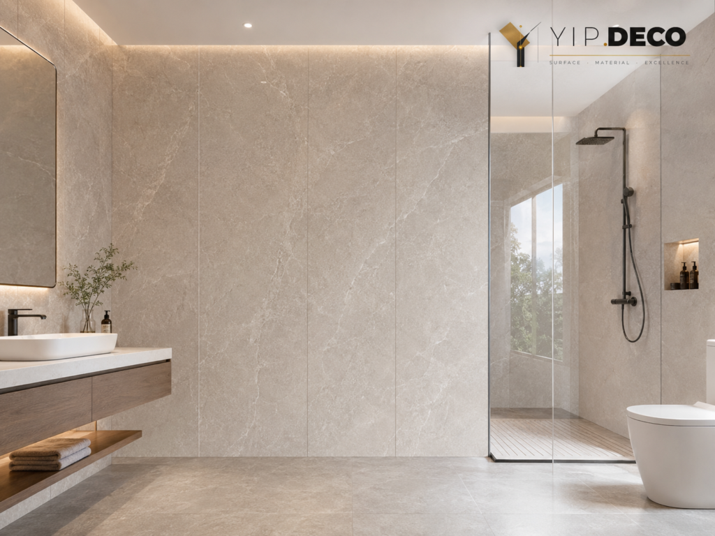 SPC wall panel with continuous wood grain in bathroom setting