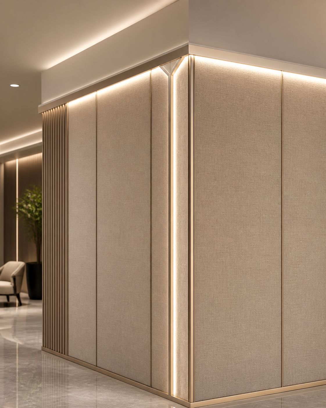 Wall panel accessories - aluminum connectors, corner fittings and LED profiles installed on a finished wall