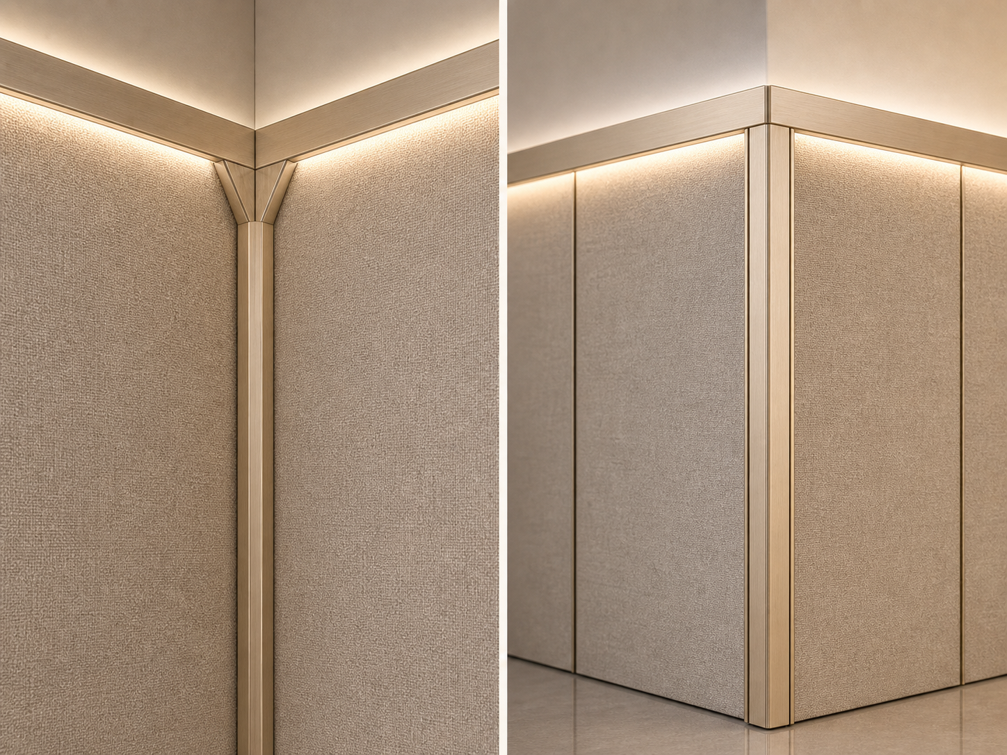 Inside and outside corner fittings for wall panels showing clean 90-degree finish