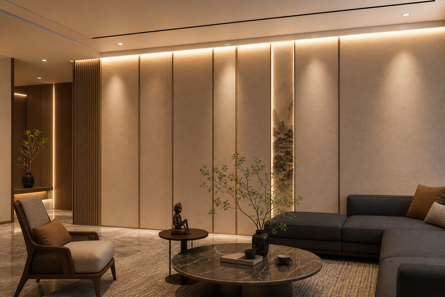 Feature wall with integrated LED light-strip profiles creating ambient indirect lighting in a residential living room