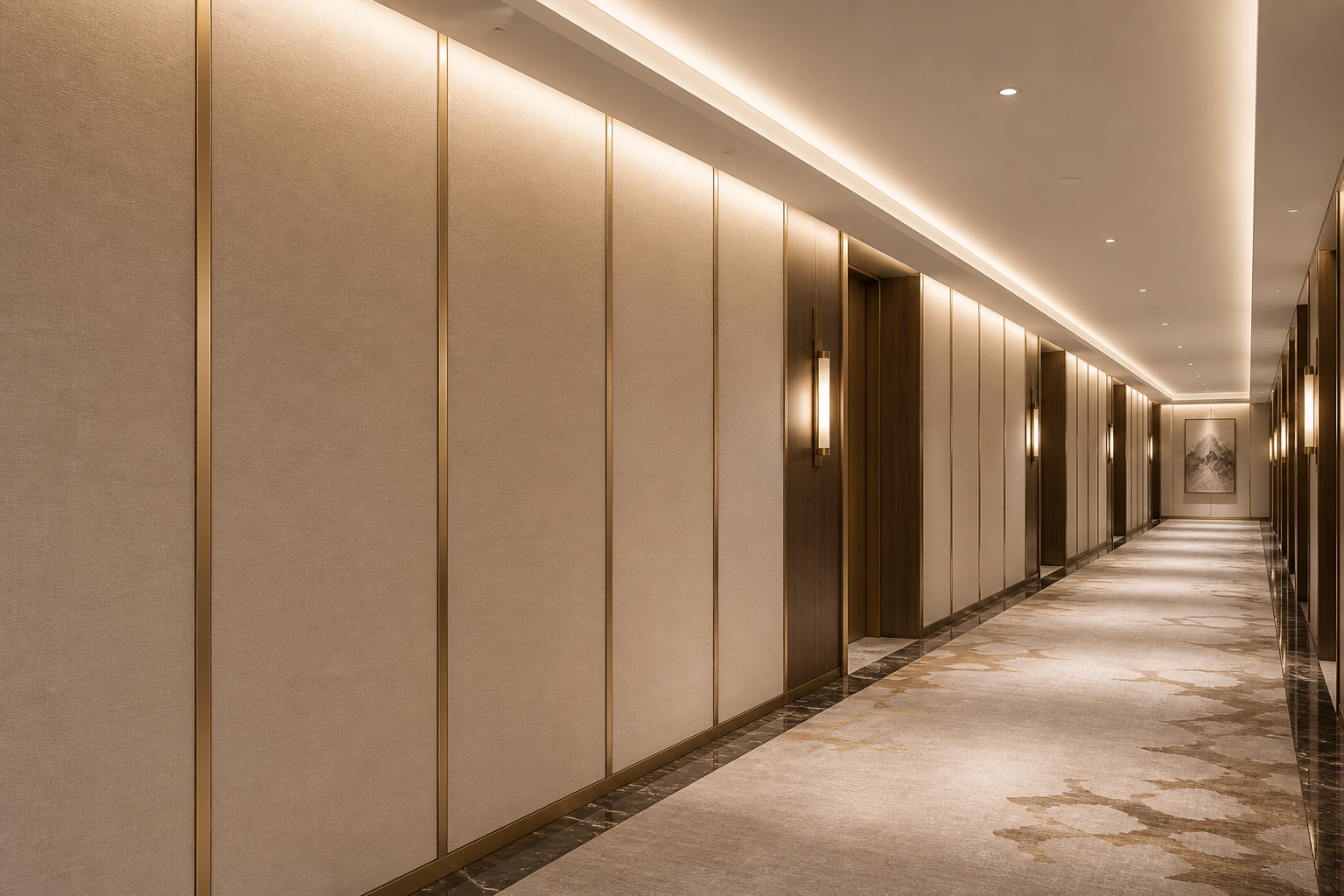 Hotel corridor with wall panels joined by aluminum connectors creating clean continuous surface