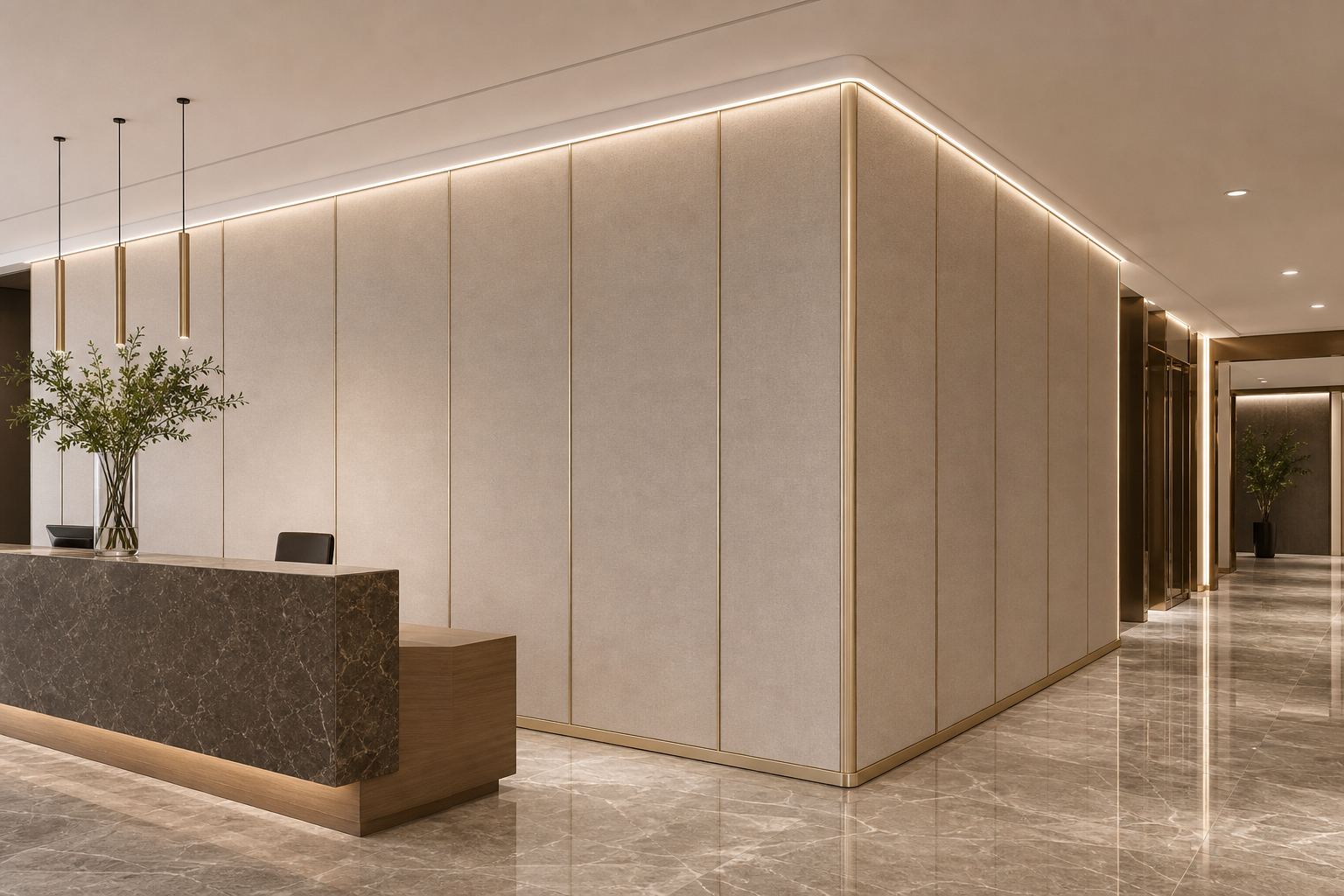 Corporate reception lobby with wall panels and corner fittings creating a seamless wrapped surface