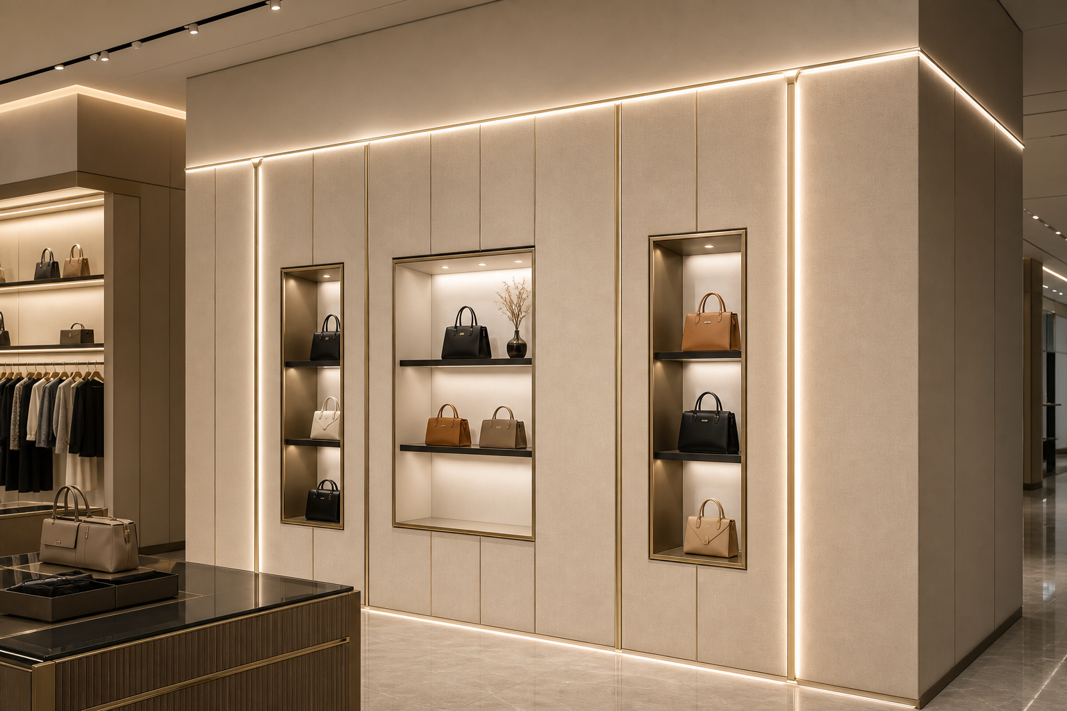 Retail store interior with wall panels and LED profiles highlighting product display walls