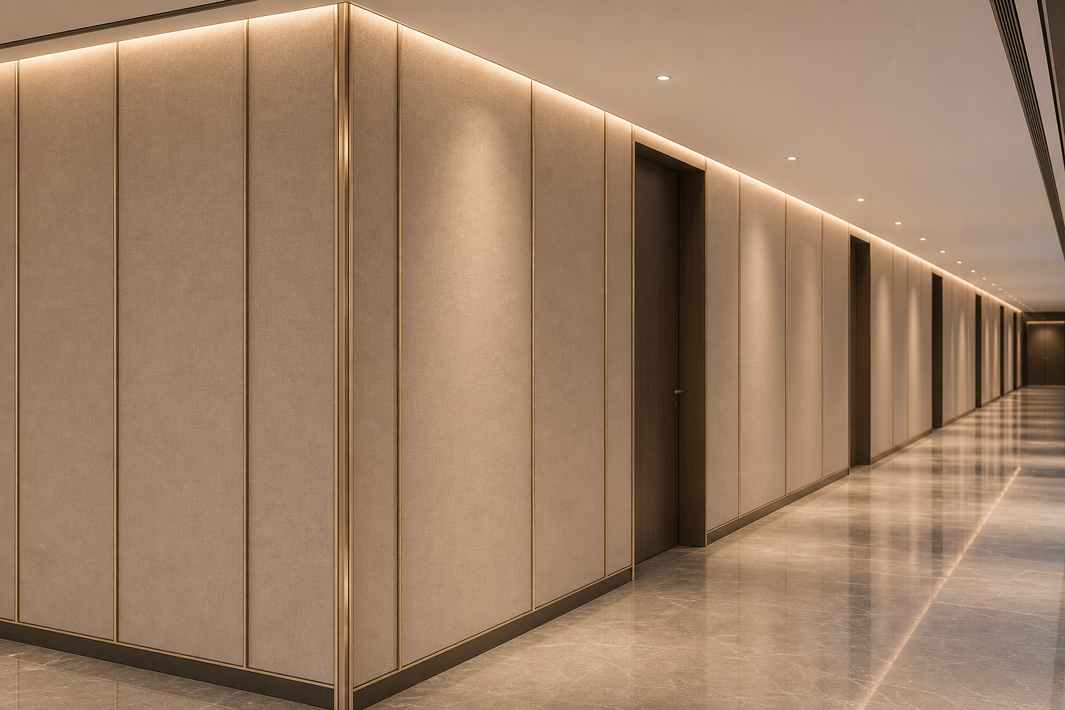 Long corridor with wall panel connectors creating seamless joints and corner fittings at intersections