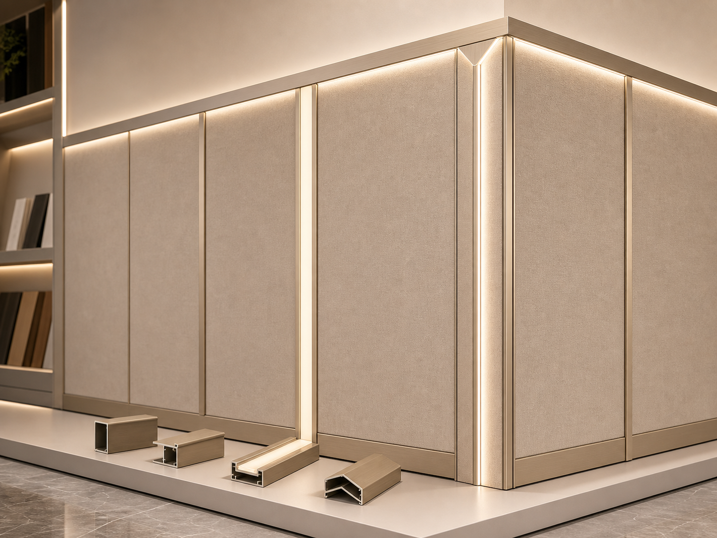 Wall panel with matched connectors, corner fittings and LED profile as one set